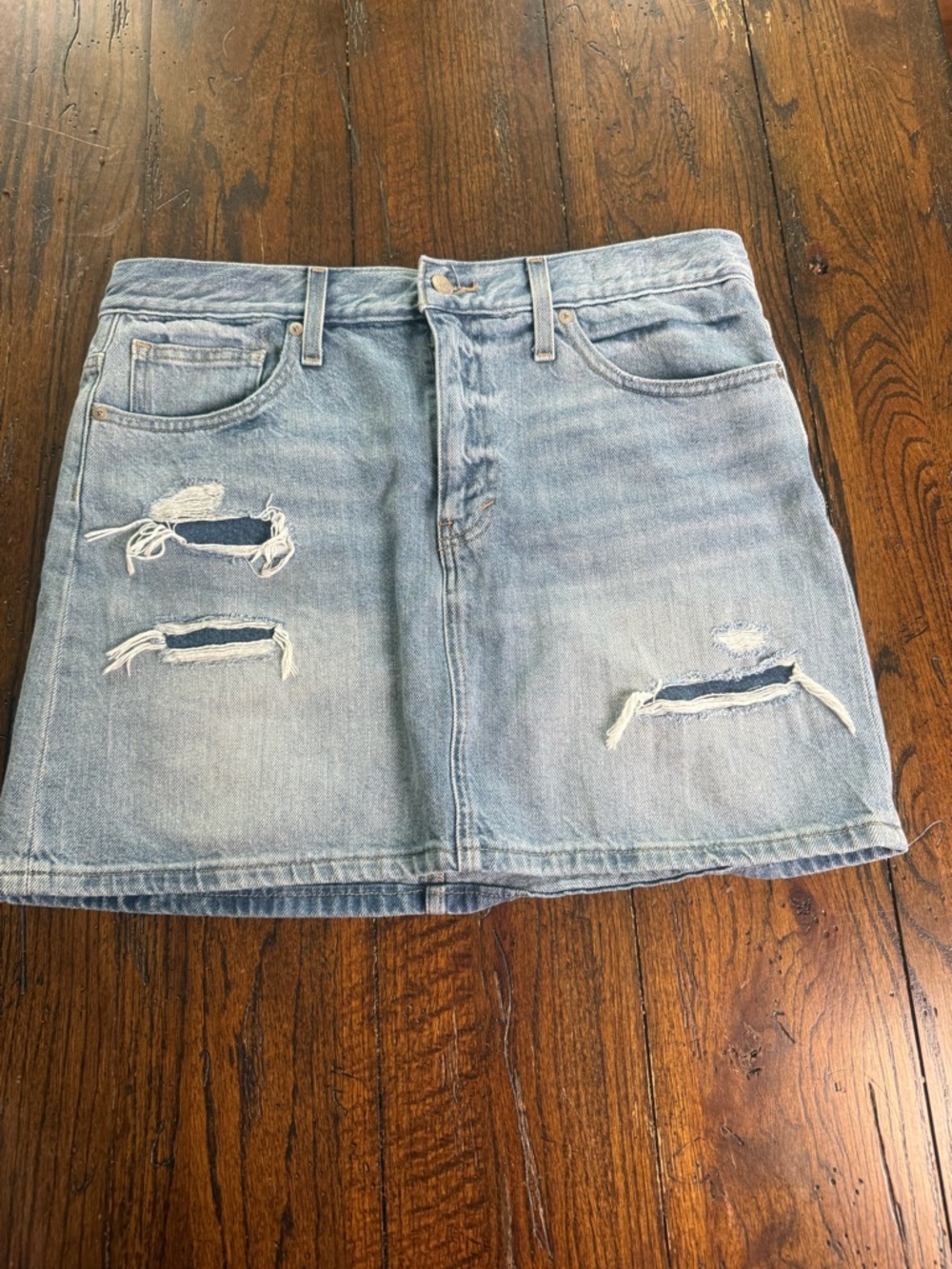 Madewell Light Wash Distressed Denim Mini Skirt 30”